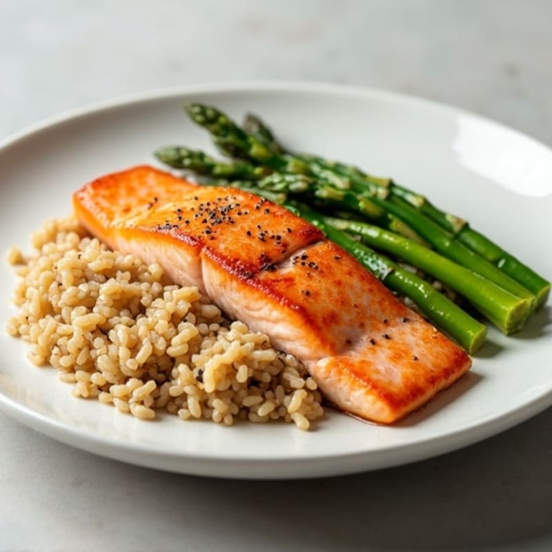 Seared Salmon with Steamed Asparagus and Brown Rice