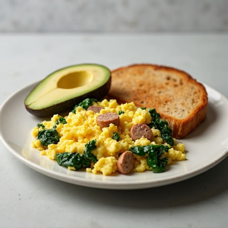 Egg White Scramble with Turkey Sausage and Sautéed Spinach