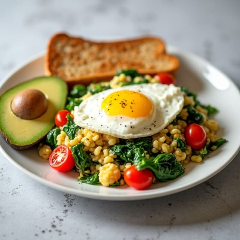 Egg White Spinach Scramble with Cottage Cheese and Cherry Tomatoes