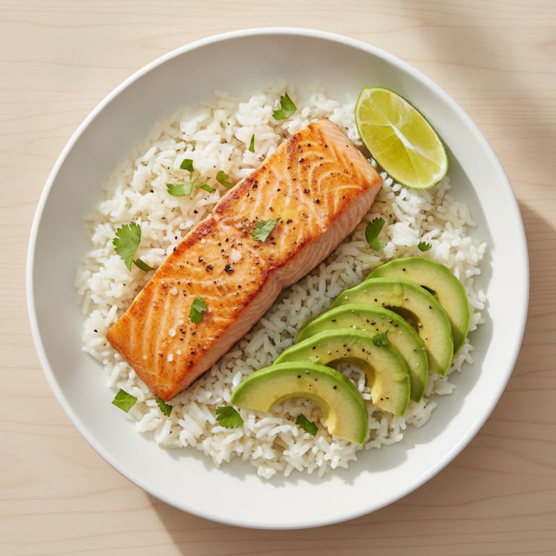 Pan-Seared Salmon with Avocado Rice Bowl