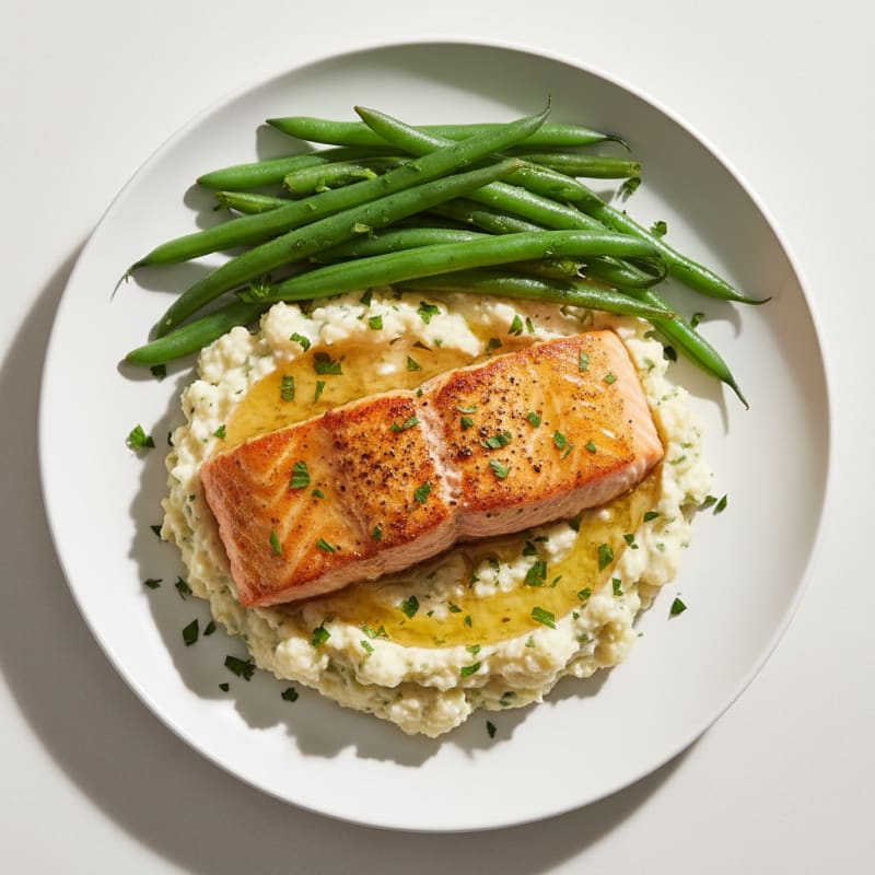 Seared Salmon Fillet with Herb-Cauliflower Mash and Steamed Green Beans