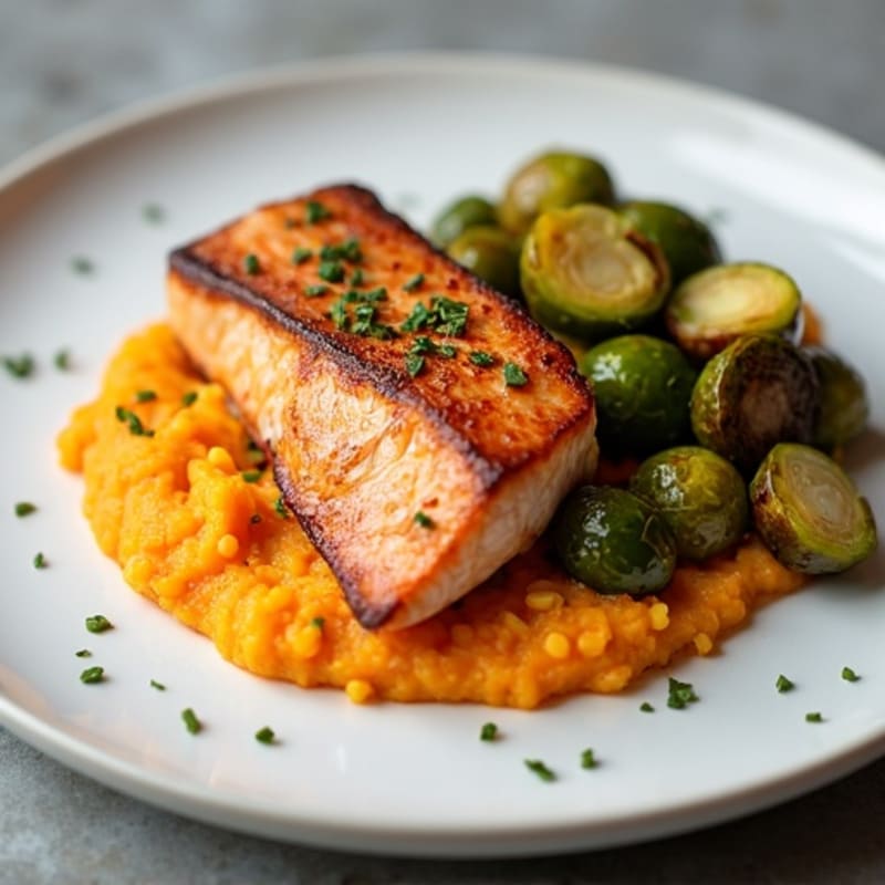 Seared Salmon with Roasted Brussels Sprouts and Sweet Potato Mash