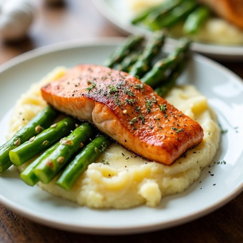 Seared Salmon with Steamed Asparagus and Garlic Mashed Potatoes