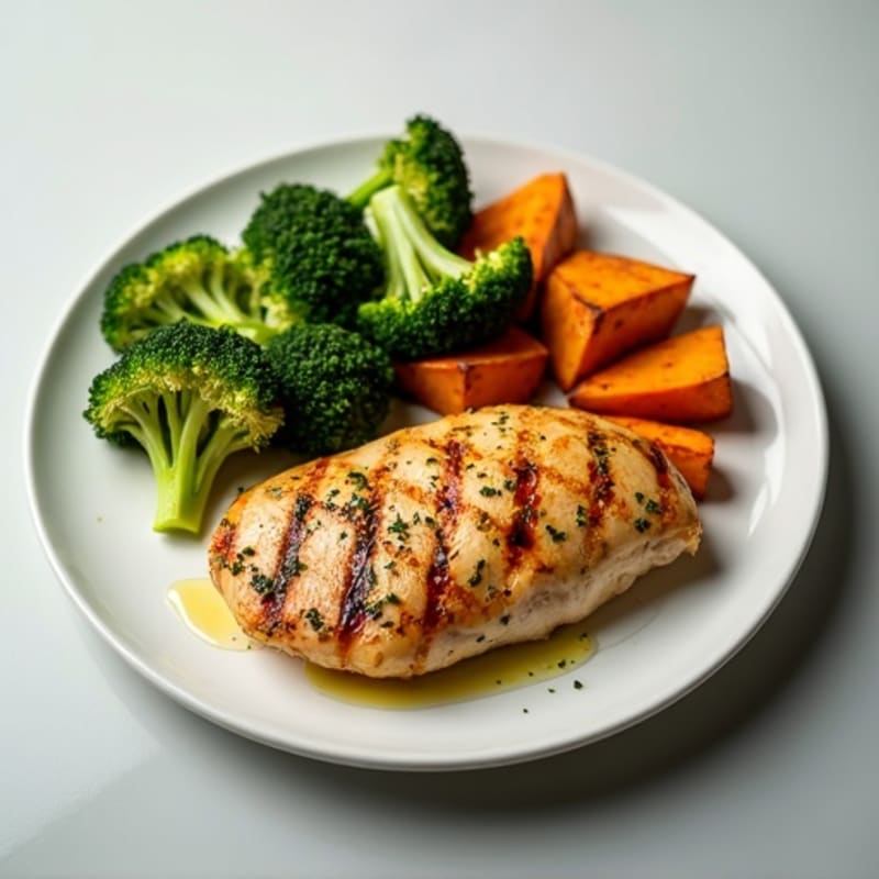 Grilled Chicken Breast with Roasted Sweet Potato and Steamed Broccoli