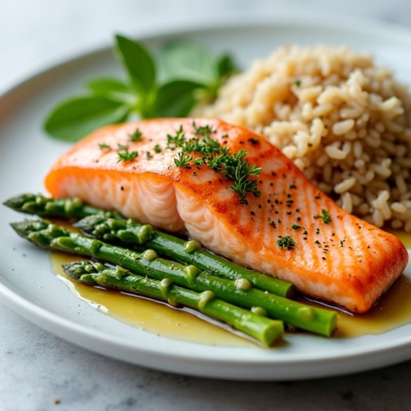 Seared Salmon with Steamed Asparagus and Brown Rice
