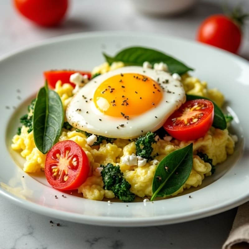 Fluffy Scrambled Eggs with Fresh Spinach and Cherry Tomatoes