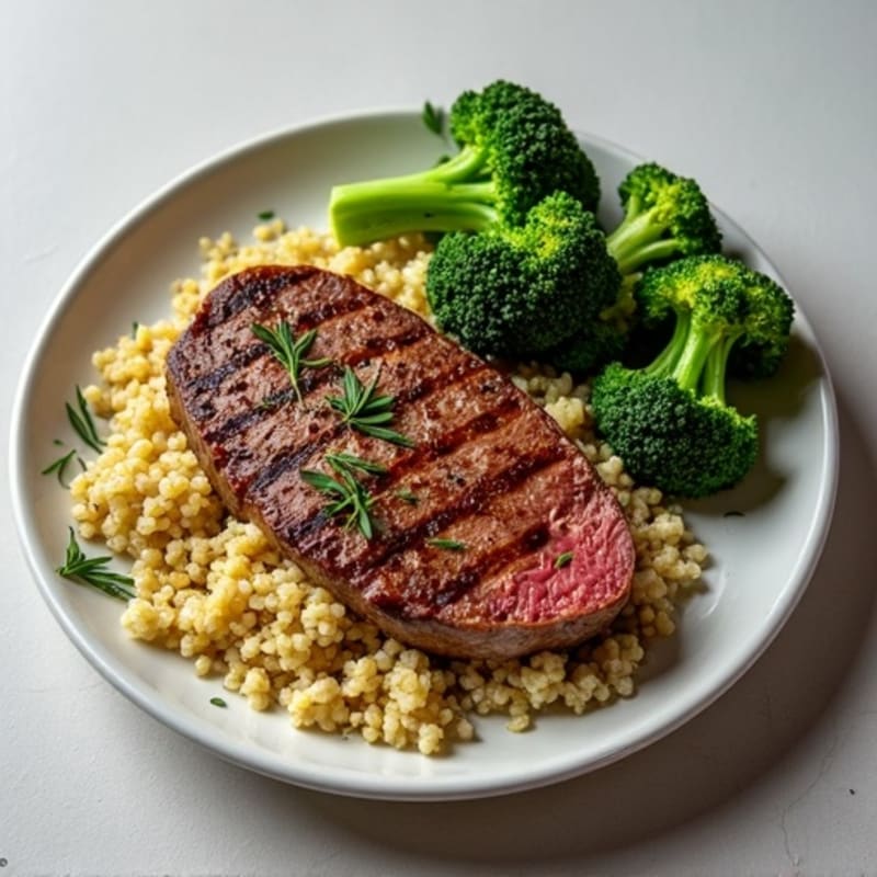 Seared Lean Beef with Roasted Broccoli and Garlic Quinoa