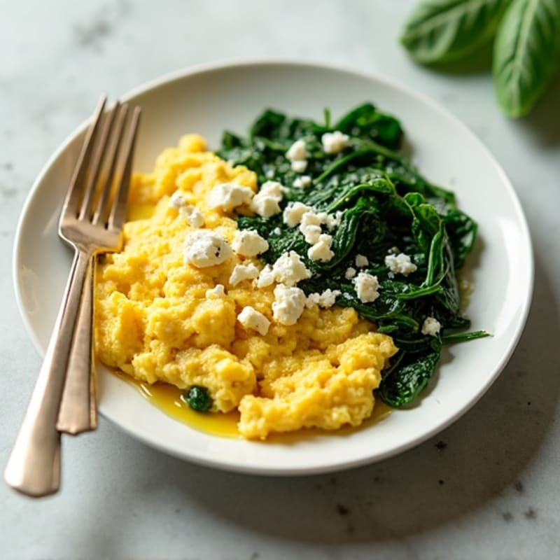 Fluffy Scrambled Eggs with Sautéed Greens and Crumbled Feta