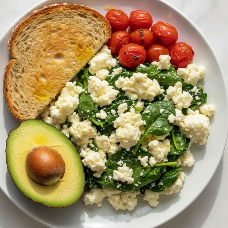 Cottage Cheese Egg White Scramble with Sautéed Spinach and Cherry Tomatoes