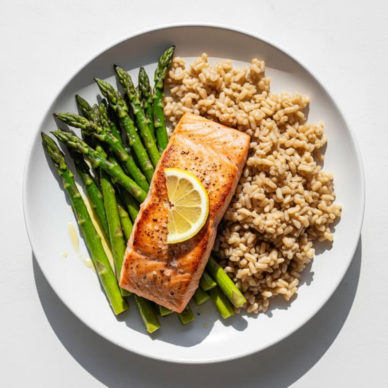 Seared Salmon Fillet with Roasted Asparagus and Brown Rice