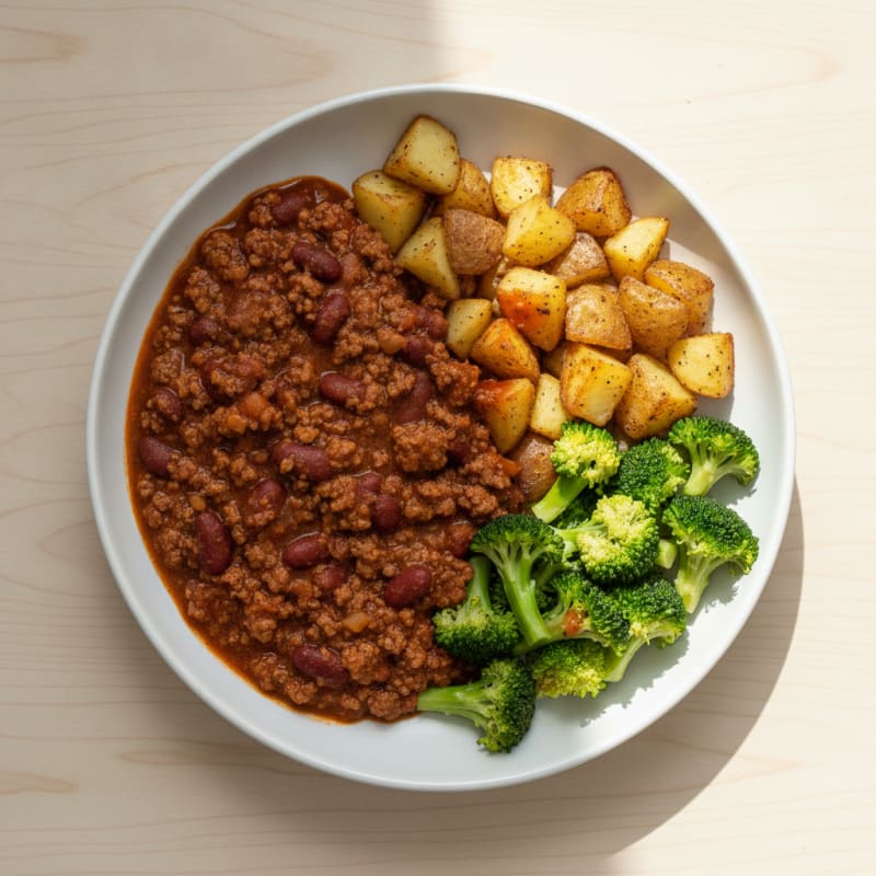 Hearty Beef and Kidney Bean Chili with Roasted Potatoes and Broccoli