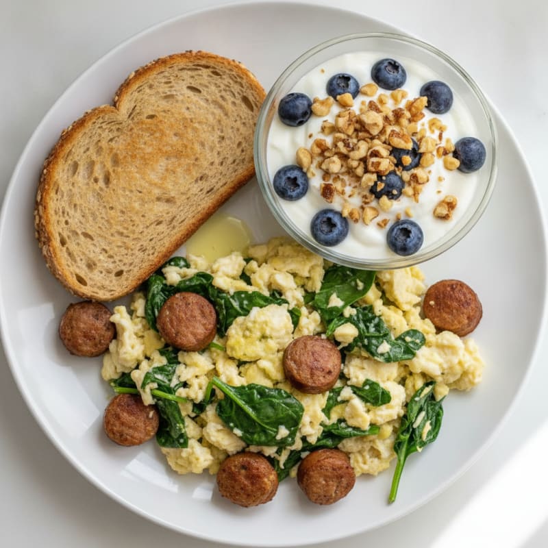Egg White and Spinach Scramble with Turkey Sausage and Greek Yogurt Parfait