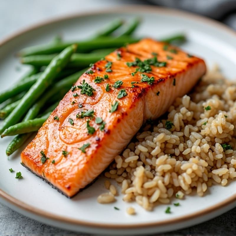 Seared Salmon with Garlic Green Beans and Brown Rice