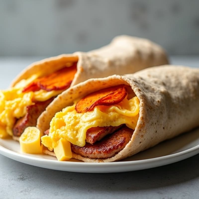 Lean Turkey Sausage, Crispy Sweet Potato, and Scrambled Egg Burrito