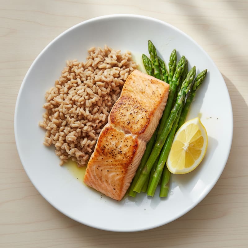 Seared Salmon Fillet with Steamed Asparagus and Brown Rice