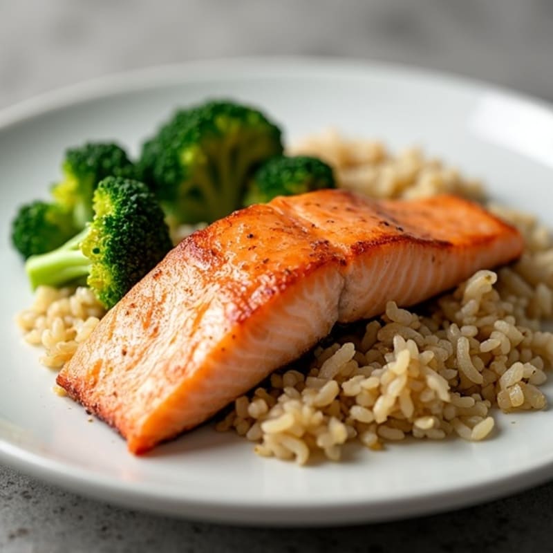 Pan-Seared Salmon with Steamed Broccoli and Brown Rice