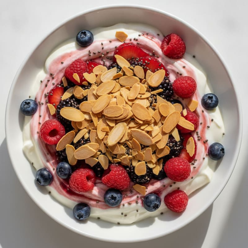 Greek Yogurt Protein Parfait with Mixed Berries and Almonds