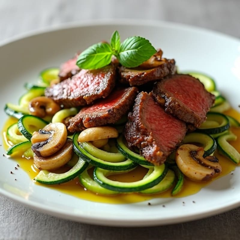 Seared Lean Beef Strips with Zucchini Noodles and Garlic Mushrooms