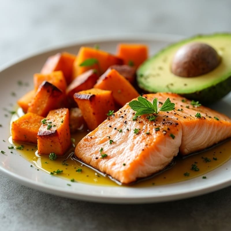 Flaky Baked Salmon with Roasted Sweet Potatoes and Fresh Avocado