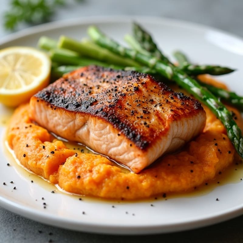 Seared Salmon with Roasted Asparagus and Sweet Potato Mash