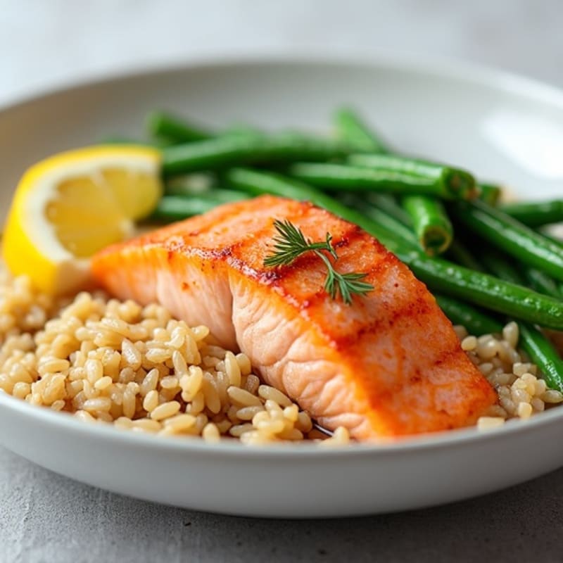Seared Salmon with Steamed Green Beans and Brown Rice