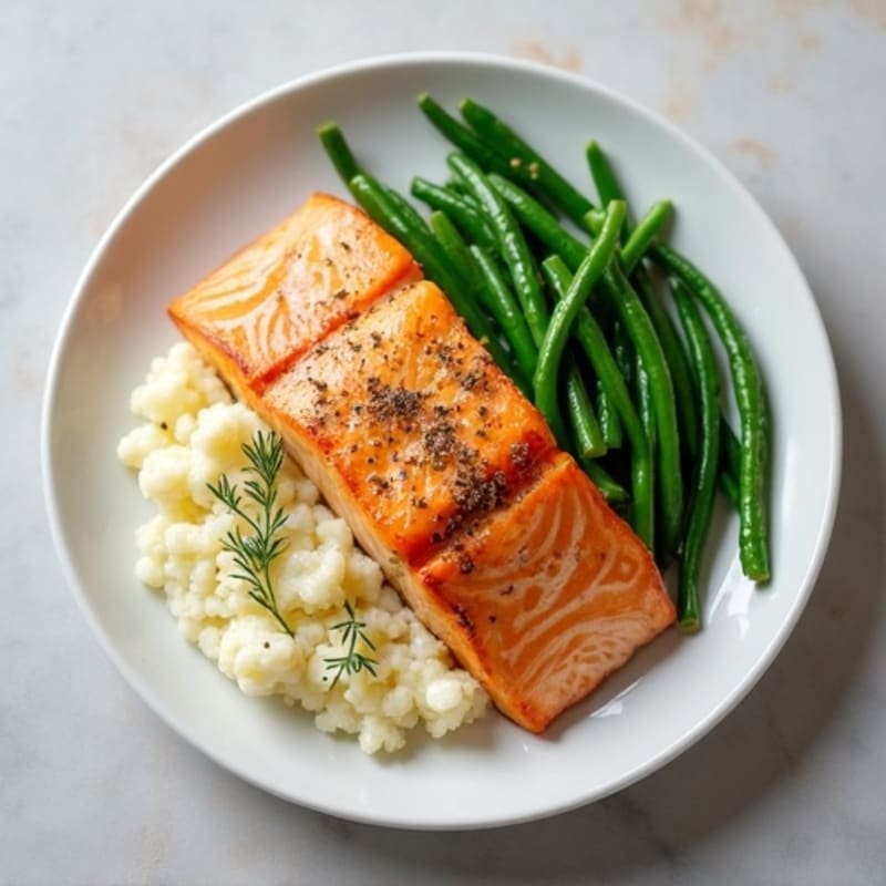 Seared Salmon with Steamed Green Beans and Cauliflower Mash