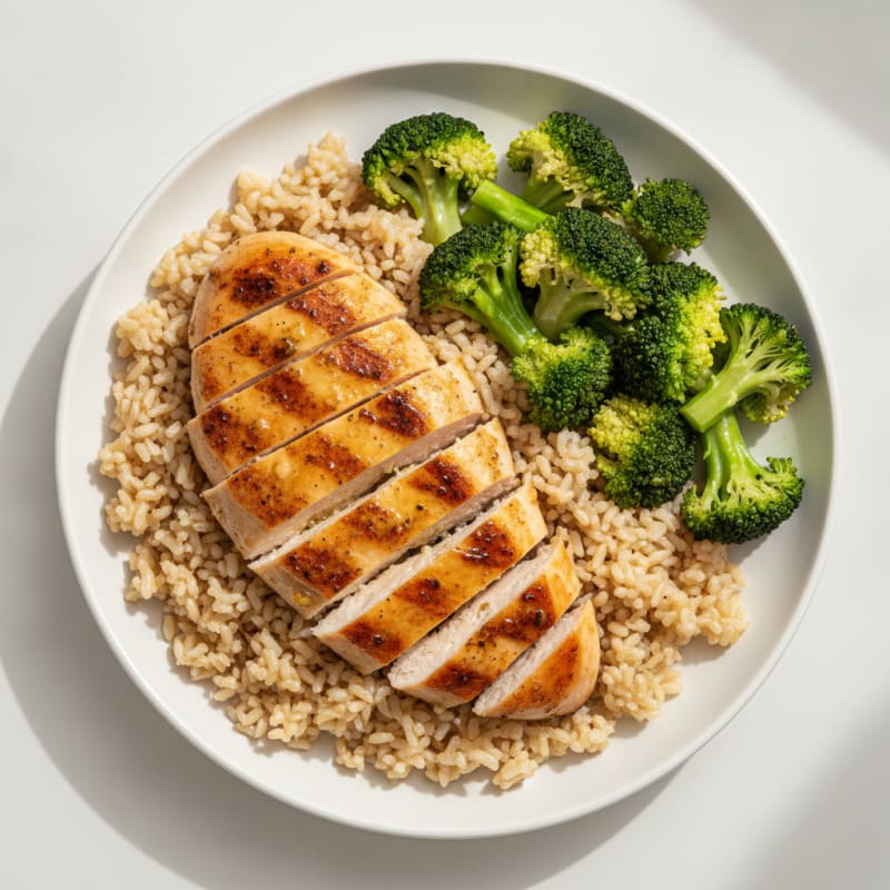 Grilled Chicken Breast with Brown Rice and Steamed Broccoli