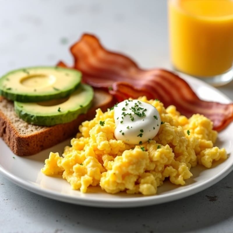 Scrambled Eggs with Cottage Cheese and Turkey Bacon