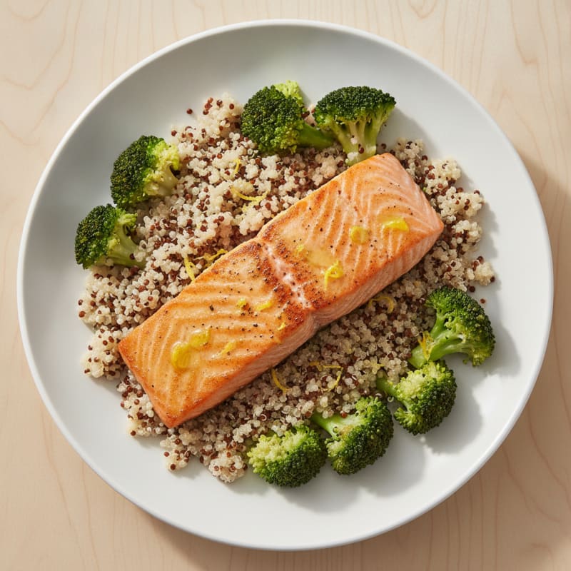 Seared Salmon with Steamed Broccoli and Quinoa