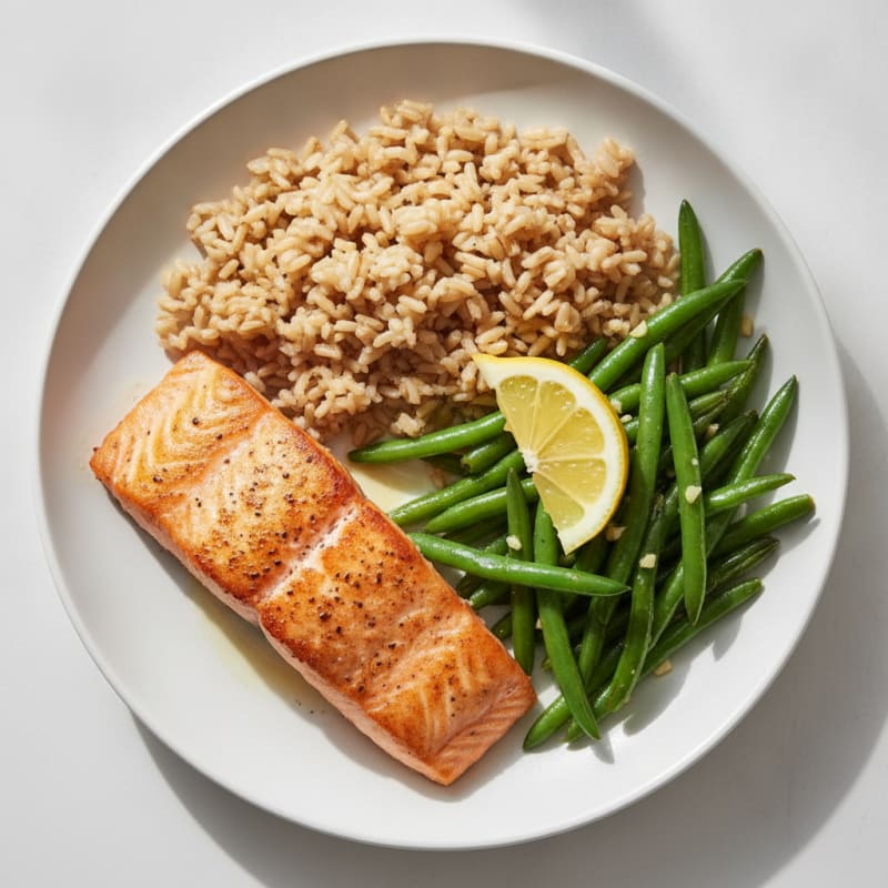 Seared Salmon with Garlic Green Beans and Brown Rice