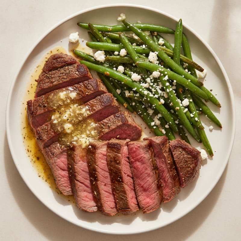 Butter-Basted Steak with Garlic Green Beans and Feta Crumble