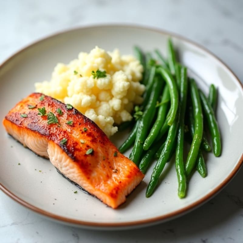 Seared Salmon Fillet with Steamed Green Beans and Garlic Mashed Cauliflower
