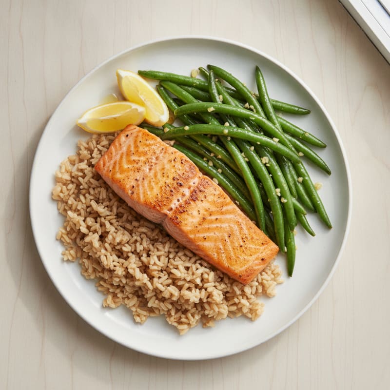 Seared Salmon with Garlic Green Beans and Brown Rice