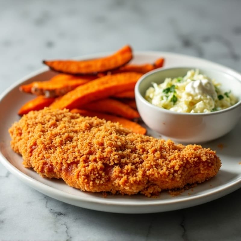 Crispy Air-Fried Chicken with Creamy Coleslaw and Roasted Sweet Potato Fries
