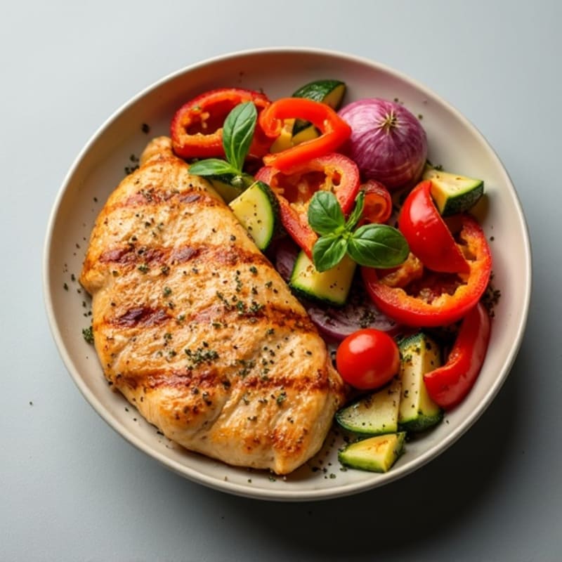 Chicken and Roasted Vegetable Bowl with Creamy Red Pepper Hummus