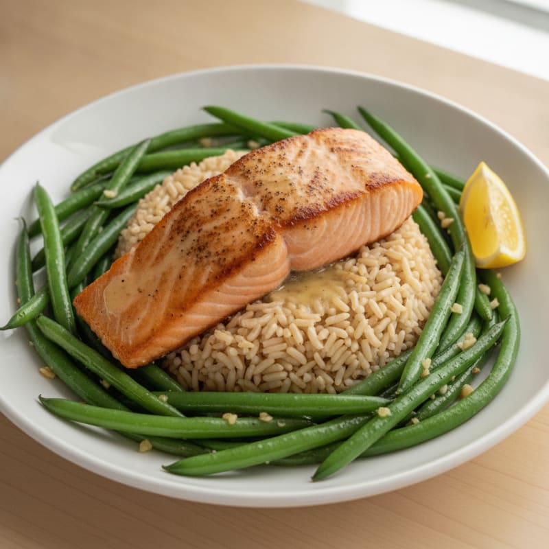 Seared Salmon Fillet with Garlic Green Beans and Brown Rice