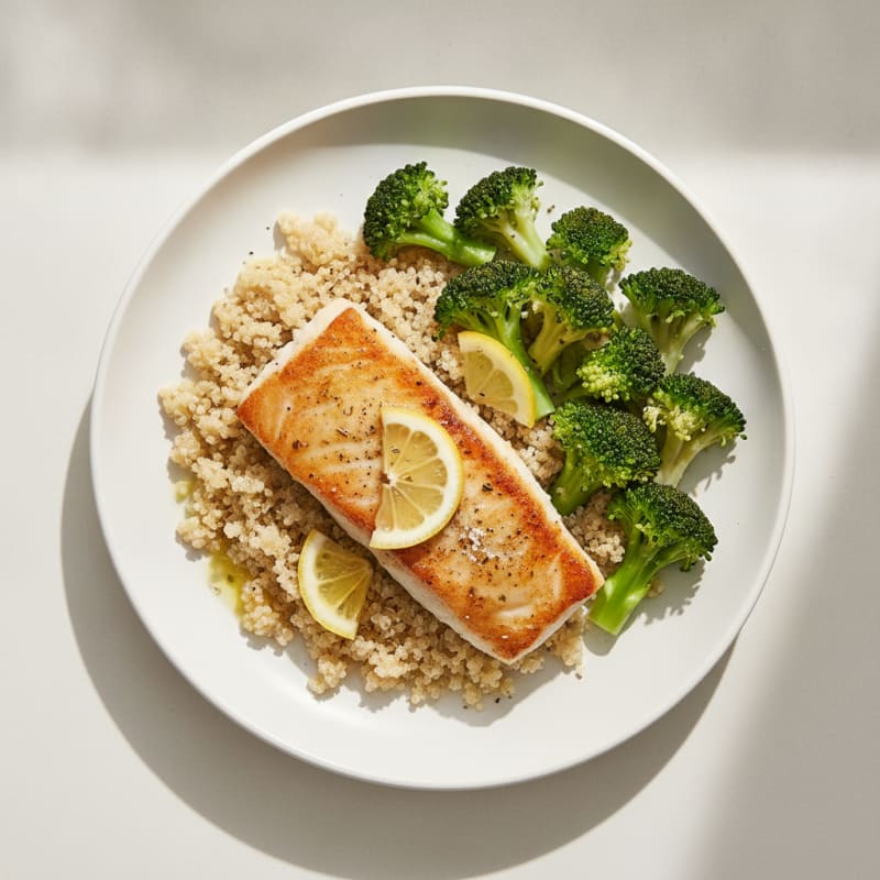 Seared Cod with Steamed Broccoli and Quinoa
