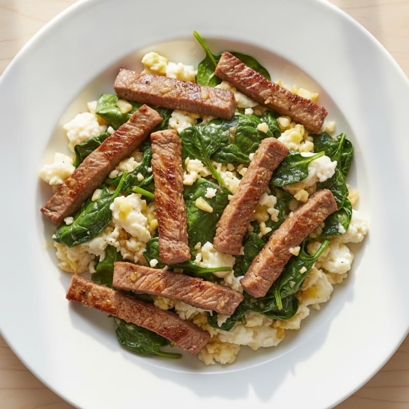 Egg White and Steak Scramble with Sautéed Spinach