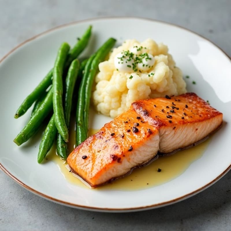 Seared Salmon with Steamed Green Beans and Garlic Mashed Cauliflower
