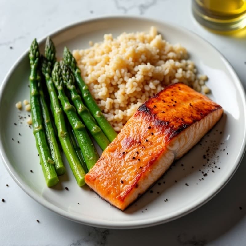 Seared Salmon Fillet with Steamed Asparagus and Brown Rice