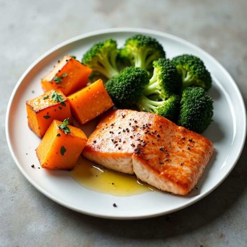 Seared Salmon with Roasted Sweet Potatoes and Broccoli