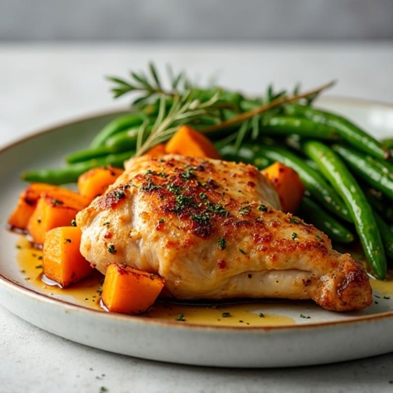 Crispy Herb-Roasted Chicken Thighs with Sweet Potato and Green Bean Medley