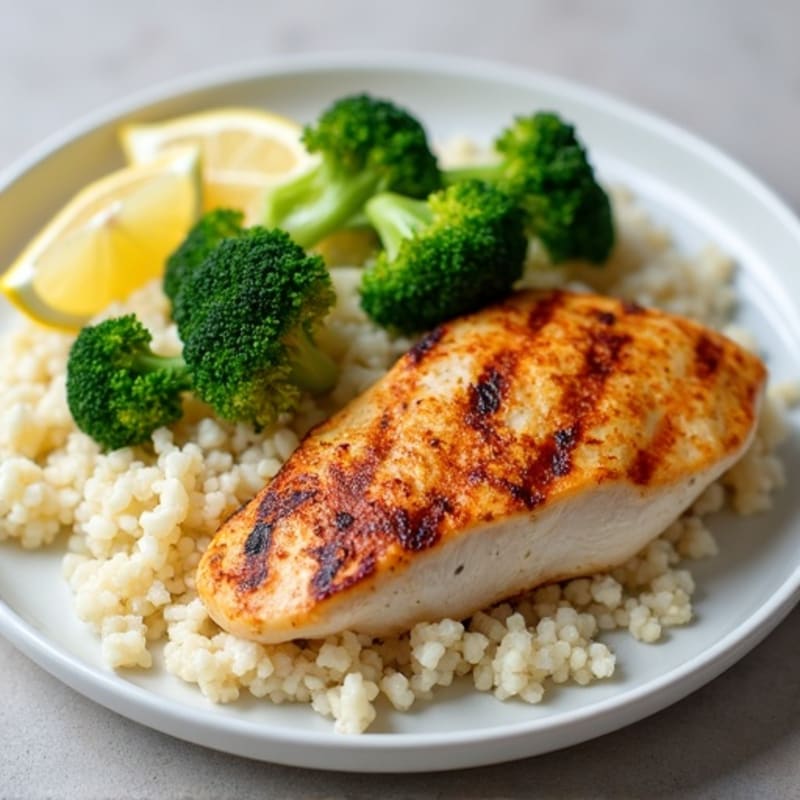 Grilled Chicken Breast with Steamed Broccoli and Cauliflower Rice