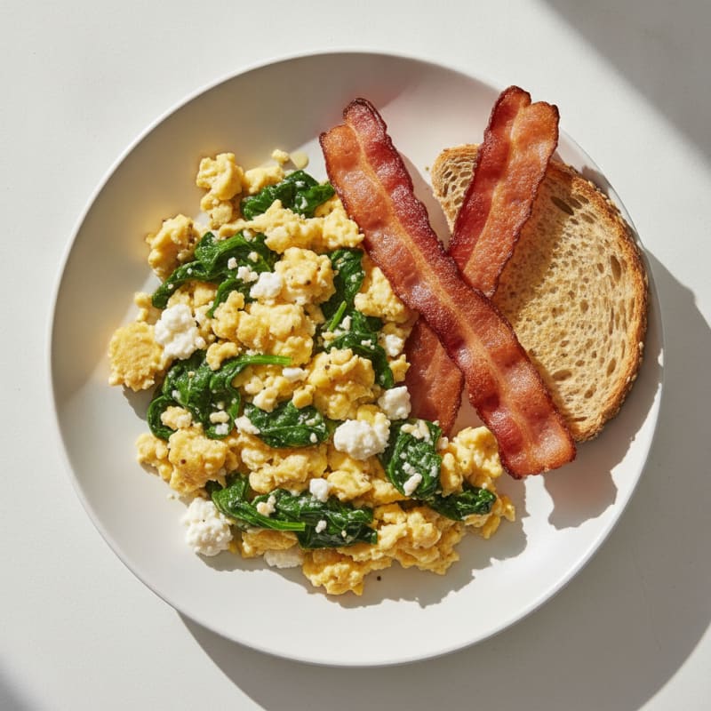 Cottage Cheese Egg Scramble with Spinach and Turkey Bacon