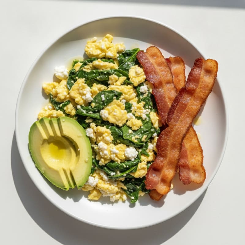 Cottage Cheese Egg Scramble with Spinach and Turkey Bacon