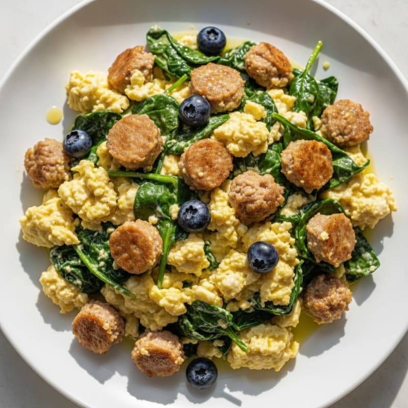 Cottage Cheese Egg Scramble with Turkey Sausage and Sautéed Spinach