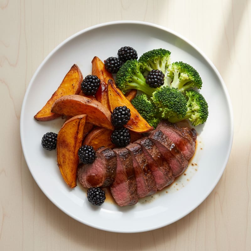 Seared Lean Beef with Roasted Sweet Potato and Steamed Broccoli