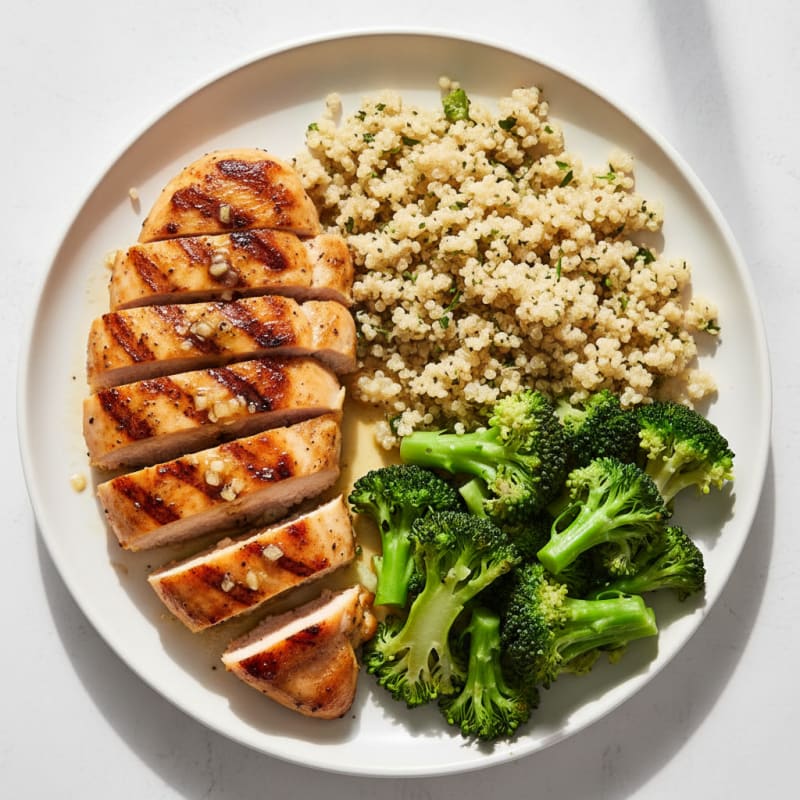 Grilled Lemon Garlic Chicken Breast with Quinoa and Steamed Broccoli