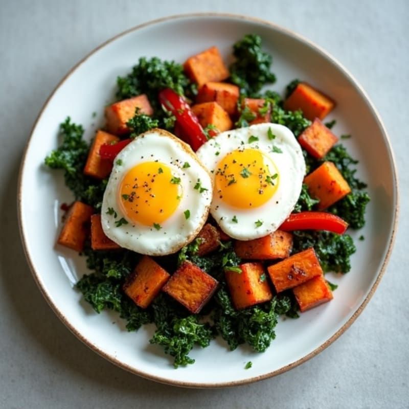 Crispy Sweet Potato and Kale Hash with Poached Eggs