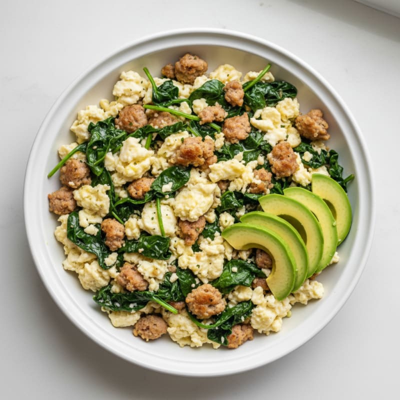 Egg White and Turkey Sausage Scramble with Sautéed Spinach